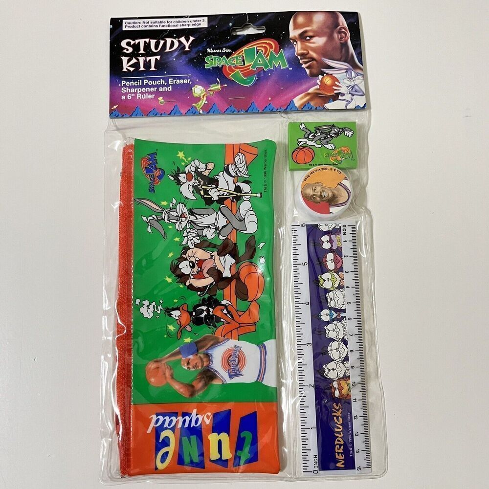 Vintage Warner Bros Space Jam Study Kit Pencil Pouch Eraser Ruler 1996 NEW